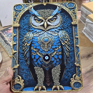 Marco de Pared Rectangular de Cristal Hecho a Mano con Piedra de Pirita Natural, Diseño de Búho Colorido, Decoración para el Hogar - Product Image 1