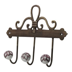 Perchero de Pared Metálico Estilo Vintage con Bolas de Cerámica Pintadas a Mano con Diseño Floral Azul - Organizador de 3 Ganchos para Abrigos y Llaves - Product Image 2