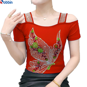 Camiseta de Mujer con Hombros Descubiertos, Manga Corta, Color Sólido, Adorno de Mariposa con Pedrería, Cuello Cuadrado, Corte Ajustado, Transpirable, Tejido de Punto, para Verano - Product Image 4