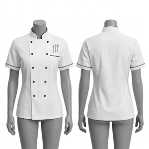 Uniforme de Chef para Mujer, 220 GSM, Algodón y Poliéster, Paneles en Contraste Blanco y Negro, Bordado Personalizado, Logotipo Serigrafiado - Product Image 1