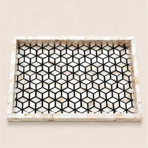 Bandeja de Servir de Lujo con Incrustaciones Geométricas de Madreperla, Bandeja Decorativa Hecha a Mano con Mosaico Blanco y Negro para Decoración de Mesa de Centro - Product Image 3