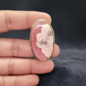 Wholesale Rhodochrosite Brass <b>Frame</b> Groove Cabochon | <b>Pink</b> Natural Gemstone Brass Pendant Setting for Jewelry Making - Product Image 1