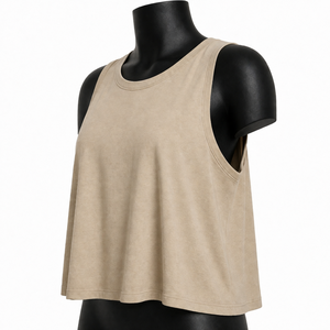 Camiseta sin mangas de color sólido para mujer, cuello redondo, transpirable, tejido de punto, largo regular, beige, 100% algodón, deportiva, jersey de 180g - Product Image 4