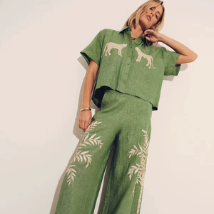 Conjunto de 2 Piezas de Verano para Mujer, Blusa Corta Informal con Bordado de Lujo, Estilo Bohemio Chic, Falda con Volantes, 100% Algodón - Product Image 4