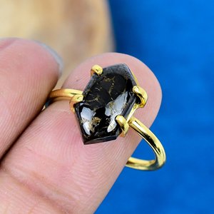Natural Shungite Copper hexagon Shape Gemstone <b>Ring</b> Handmade 18k Gold Micron Over 925 Sterling <b>Silver</b> - Product Image 3