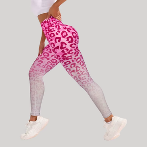 High Waisted Pink <b>Leopard</b> <b>Print</b> <b>Leggings</b> Full Length Four-Way Stretch Spandex Polyester Yoga Wear Women's Activewear - Product Image 2