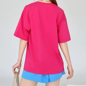เสื้อยืดคอกลมโอเวอร์ไซส์สำหรับผู้หญิง สีเหลือง แขนสั้น ทรงหลวม ผ้าฝ้ายเจอร์ซีย์ถัก 100% สีพื้น ใส่ได้ทุกฤดู - Product Image 6