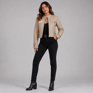 Women's Motorcycle <b>Quilted</b> PU Leather <b>Jacket</b> Solid <b>Pattern</b> Stand Collar Zipper Front Cropped Style Belt Detail Windproof - Product Image 4