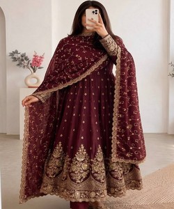 Maroon Silk Embroidery Gown With Dupatta Women Traditional Wedding Wear Indian Pakistani Style Floral Pattern 86502 SAI- SSC 729 - Product Image 1
