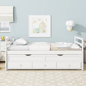 Twin Size <b>Pine</b> Wood <b>Bed</b> with Headboard and Footboard Grey Includes Three Storage Drawers Trundle for Kids - Product Image 1