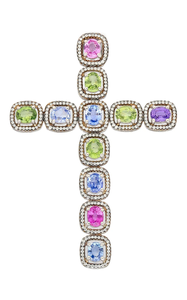 Pendentif Croix avec Pierres Multicolores Serties, Breloque Religieuse, Bijou Unisexe Tendance en Alliage Plaqué Argent - Product Image 1