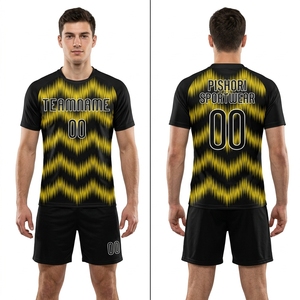 Uniforme de volley-ball personnalisé en polyester bleu royal et jaune avec des rayures en chevron et un short bleu - Product Image 2