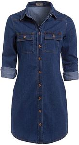 Chemise en jean boutonnée pour femme, col en V, manches trois quarts, coupe ample, couleur unie, en sergé délavé, pour le quotidien - Product Image 1
