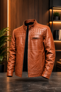 Men's Genuine Cow Skin Winter Motorcycle Slim Fit Stand Collar Waterproof Windproof Leather <b>Jacket</b> with Front Logo - Product Image 4