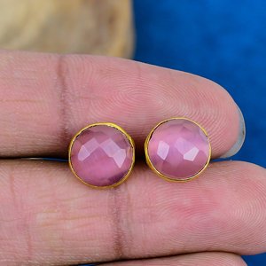 Boucles d'oreilles en pierres précieuses rondes en quartz rose naturel Monalisa, finition or 18 carats sur argent sterling 925 - Product Image 3