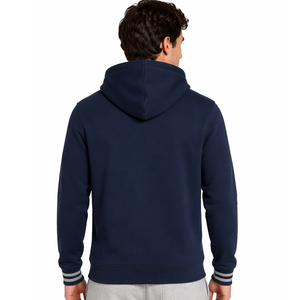 Sudadera con capucha azul marino personalizada para hombre con detalle de puño a rayas, al por mayor, estilo urbano, con bolsillo canguro - Product Image 2
