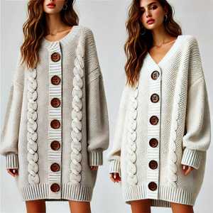 Cardigan en tricot floral pour femme, manches longues, col rond, boutons sur le devant, robe pull classique d'hiver - Product Image 5