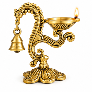 Handcrafted Brass Swan Neck Diya Stand Hanging Bell Oil Lamp Traditional Brass Deepam Decorative Puja Diya for Temple <b>Mandir</b> - Product Image 1