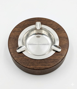 Handmade Wooden Metal Cigar Ashtray Round Smoking Ashtray for Home Office <b>Table</b> Use - Product Image 1