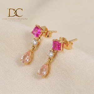 Boucles d'oreilles en or massif 14 carats, diamant de laboratoire certifié IGI, tourmaline rose et saphir Padparadscha, pour femme, bijoux sur mesure - Product Image 3