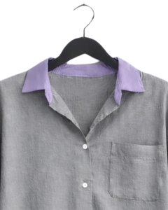 Ensemble deux pièces pour femme : chemise grise et pantalon large gris, tenue décontractée en coton et lin pour l'été, fabricant de vêtements sur mesure OEM - Product Image 5