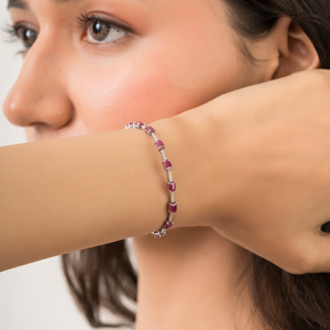 Elegant & Classic Style Real Gemstone <b>Ruby</b> & Diamond Fine Sleek Tennis <b>Bracelet</b> Stacking Daily Wear 14K White Gold Jewelry - Product Image 4
