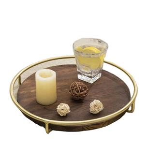 Bandeja Redonda de Madera de Último Diseño con Asas Metálicas Brillantes, Acabado en Nogal, Bandeja para Servir Alimentos para el Hogar y Accesorios de Hotel - Product Image 1
