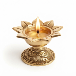 Blooming Lotus Flower Brass Diya on Engraved Pedestal Traditional Hindu Pooja Oil <b>Lamp</b> <b>Antique</b> Gold Finish Home Decor Wholesaler - Product Image 1