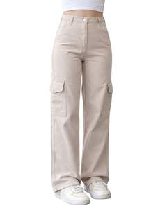 Jean cargo en denim kaki taille haute à jambe large personnalisé avec poches latérales, style urbain, pantalon décontracté ample pour femme, personnalisable OEM - Product Image 1