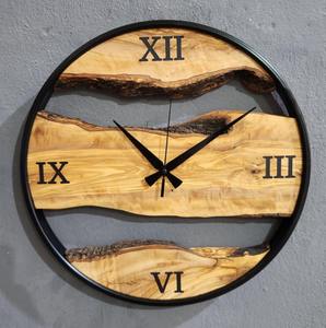 Reloj de Pared de Madera de Olivo Hecho a Mano con Anillo de Metal y Números Romanos en Resina Epoxi, Decoración Moderna para el Hogar, para Bodas - Product Image 5