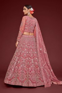 <b>Rose</b> Pink Embroidered Polyester/Cotton Lace Lehenga Choli Net Saree Set Traditional Wedding Outfit for Women - Product Image 5