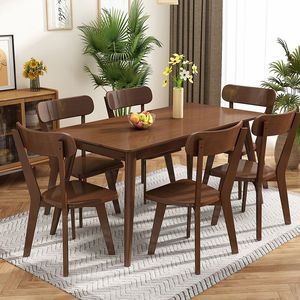 Modern Solid Wood Eco-Friendly Minimalist Rectangle Dining <b>Table</b> Splayed <b>Legs</b> Knock-down 6 Matching Chairs for Home Furniture - Product Image 1