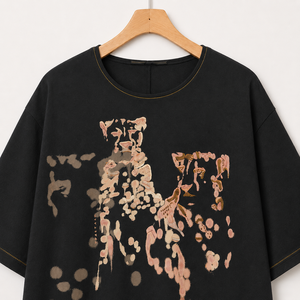 เสื้อยืดโอเวอร์ไซส์สีดำผ้าฝ้ายทรงหลวม ปักลายแบบนามธรรมด้วยมือ แขนสั้น คอกลม เสื้อเจอร์ซีย์ลำลองสำหรับผู้หญิง - Product Image 3