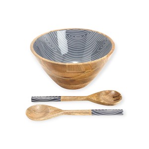 Ensemble de saladiers modernes en bois avec design émaillé à lignes grises et cuillères de service assorties pour une utilisation contemporaine à la table - Product Image 1