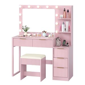 Set Toeletta Rosa a 5 Cassetti e 2 Livelli in Truciolato con Finitura Melaminica, 11 Lampadine Tricolore e Multipresa per Trucco - Product Image 5