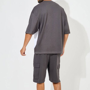 Men's Solid Oversized Cotton Quick Dry T-Shirt <b>Set</b> Casual Summer <b>Knitted</b> Short Sleeve Top Cargo Pants Gray White Two Piece - Product Image 3