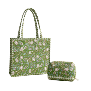 Bolso Tote de Algodón Floral Verde y Blanco Premium Knnotted Earth + Set de Neceser Hecho a Mano Ecológico Ligero con Cierre de Cremallera y Cadenas - Product Image 1