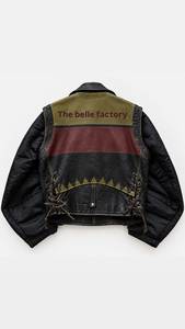 Blouson moto noir bordeaux matelassé avec manches et détails latéraux à lacets, blouson moto color block noir bordeaux olive - Product Image 2