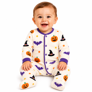 Pyjama une pièce pour bébé et tout-petit, à manches longues, boutonné sur le devant, imprimé citrouille, chauve-souris et chapeau de sorcière, thème Halloween - Product Image 1