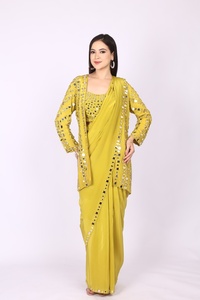Luxury Designer Crepe Saree with <b>Jacket</b> with Mirror wok at full body and <b>jacket</b> with saree border For Every Occasion - Product Image 4