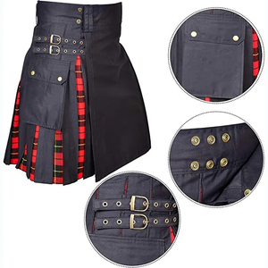 Kilt negro para hombre con paneles laterales de tartán rojo, falda plisada tradicional escocesa, estilo gótico punk moderno - Product Image 4