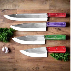 Ensemble de 4 couteaux de boucher en acier inoxydable avec manches en bois rouge, violet et vert, couteaux de cuisine robustes pour couper la viande - Product Image 2
