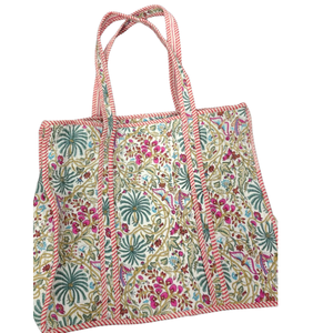 Sustainable Cotton Tote Bag Zipper Closure Handmade Floral Jaipur Block Print Shopping Bag For Work Travel Casual Gifting Office - Product Image 1