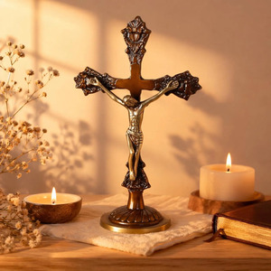 SHUBHAM Brass Cross <b>Statue</b> Die Casting Engraving <b>Religious</b> Figurine Tabletop Home Decor 11 Inches Polished Antique Brass Finish - Product Image 1