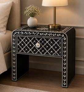 Tabouret de chevet rond style américain avec incrustations en os – Taille et couleur personnalisables, durable et lavable, accessoire de décoration de table - Product Image 1