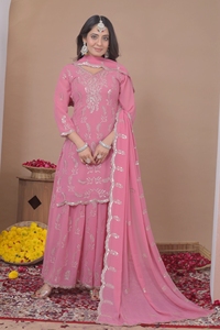 Glamorous Georgette Glitter <b>Sequin</b> Top Pack <b>Flared</b> Bottom Palazzo With Long Dupatta Stitched Three Piece Partywear Suit - Product Image 2