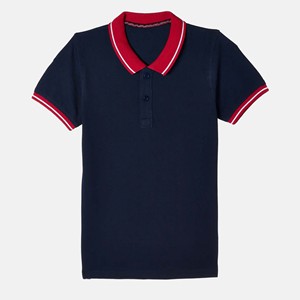 Chemise Homme Bleu Marine à Manches Courtes avec Bordures Rouge et Blanc sur Col et Poignets, Décontractée, Brodé, Respirante, en Coton/Fibre de Bambou Tricotée - Product Image 1