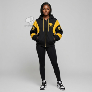 Sudadera con capucha extragrande con cremallera en bloques de color negro y dorado para mujer de la hermandad NCBW, con letras griegas bordadas, estilo universitario - Product Image 4