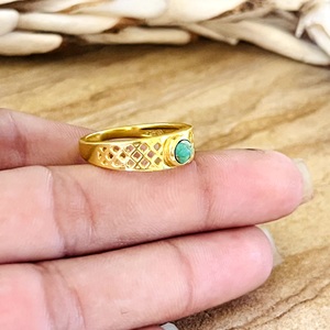 Bague en laiton plaqué or 18 carats pour femme, design bohème tendance, motif géométrique, ornée de pierres précieuses, de turquoise et d'un motif œil en argent certifié - Product Image 2