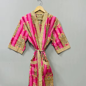 Bata Kimono Larga de Algodón Suave con Estampado de Tigre y Flores, Cuello en V, Cierre con Cordón, Estilo Casual de Lujo, para Verano/Invierno - Product Image 1